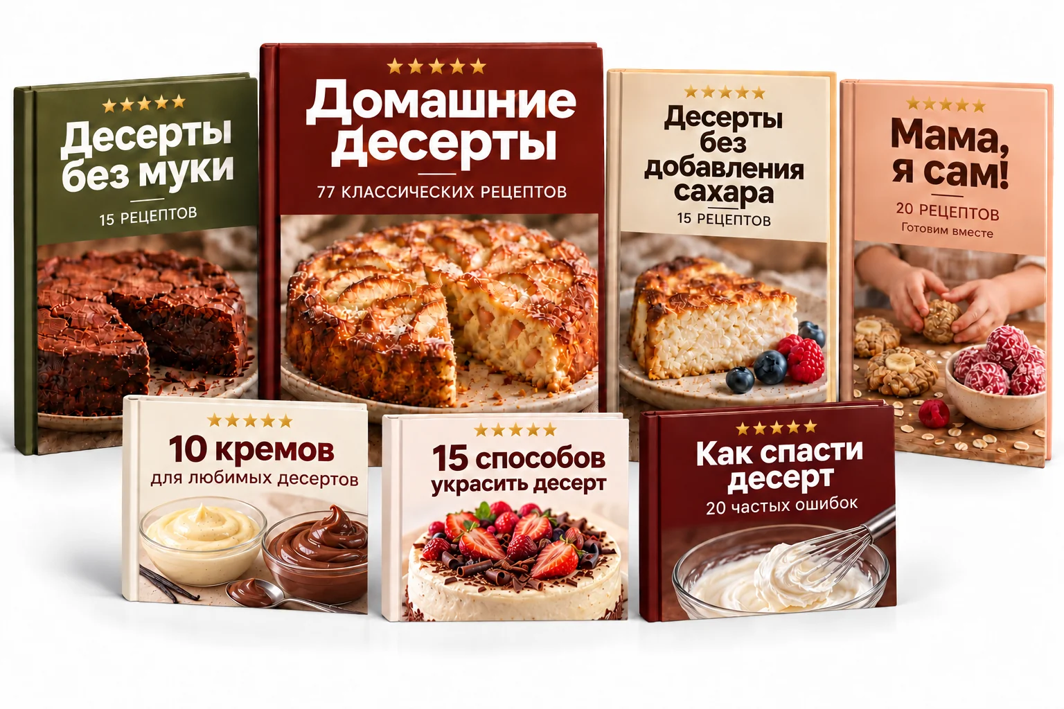 Четыре книги: 77 классических рецептов, 15 без муки, 15 без добавления сахара, 20 для готовки с детьми. Три бонуса. Пять золотых звёзд над каждым названием.