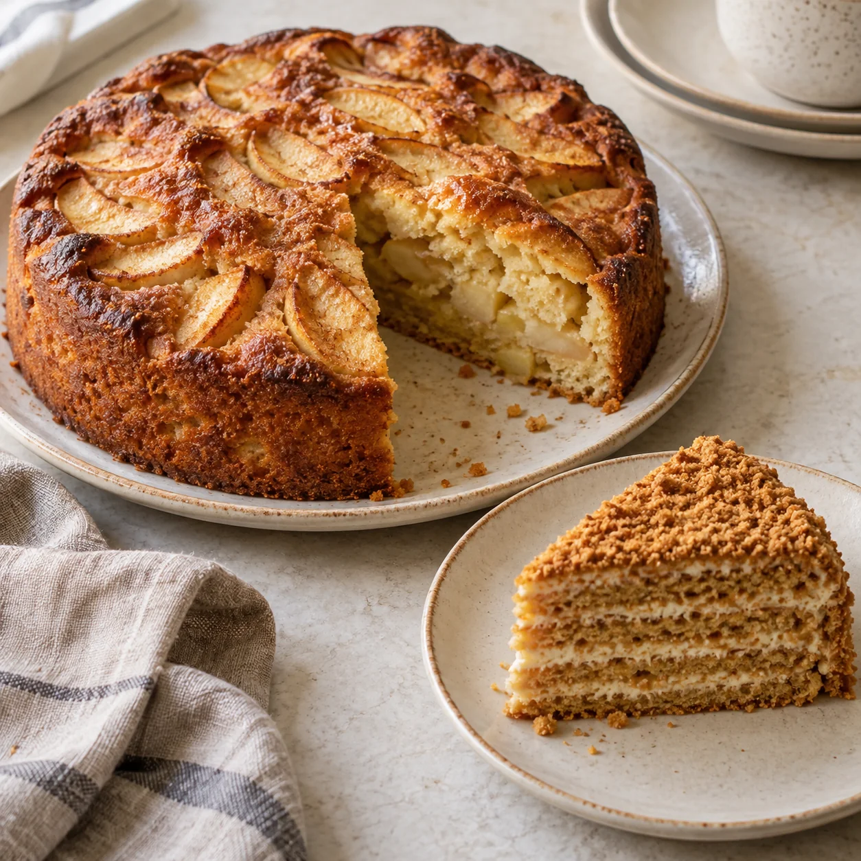 Яблочная шарлотка и кусочек медовика